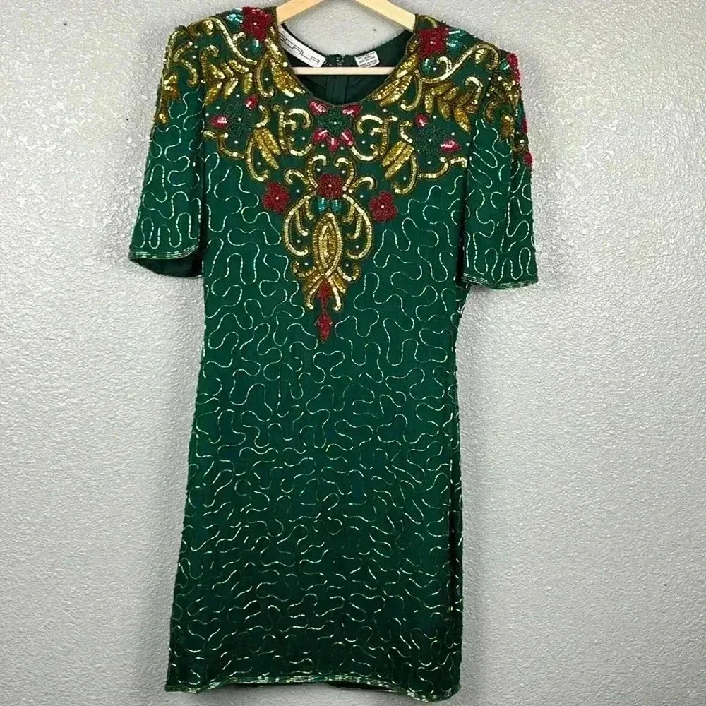 Vintage 90s SCALA 100% Silk Cocktail Dress Fully Beaded Sequins Green PS
